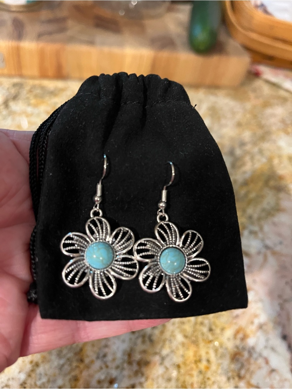 Silver Flower Drop Earrings with Turquoise Center - Women Jewelry